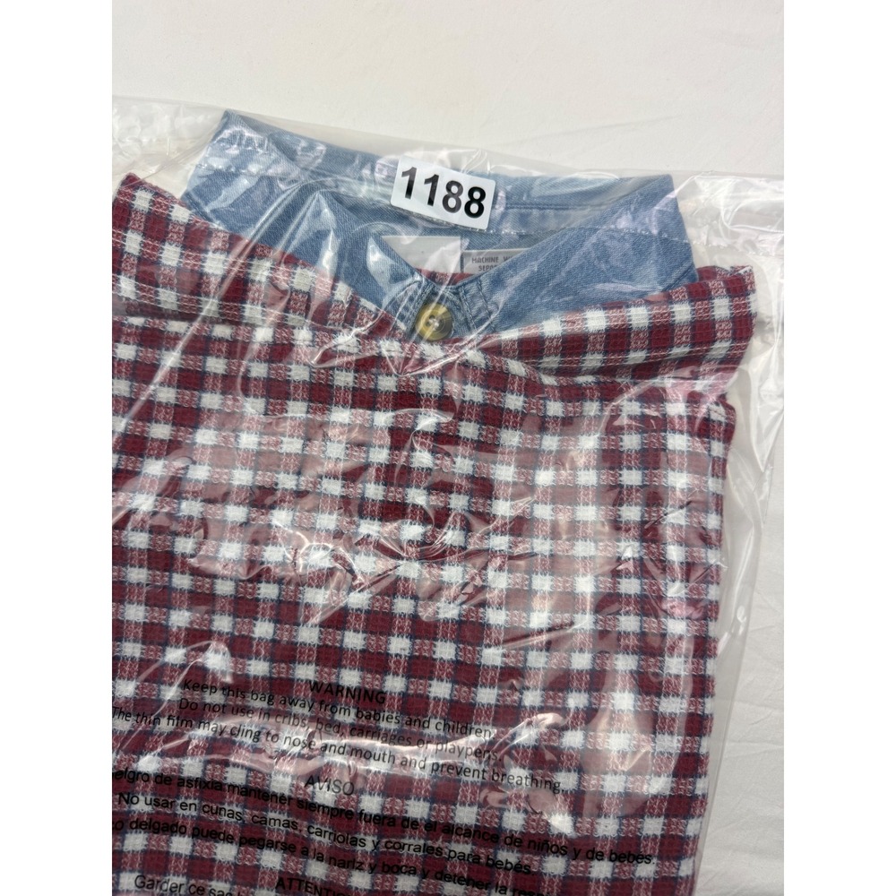 Vintage Red Gingham Waffle Texture Button Down Shirt Denim Collar Cotton Nepal M - Picture 10 of 10